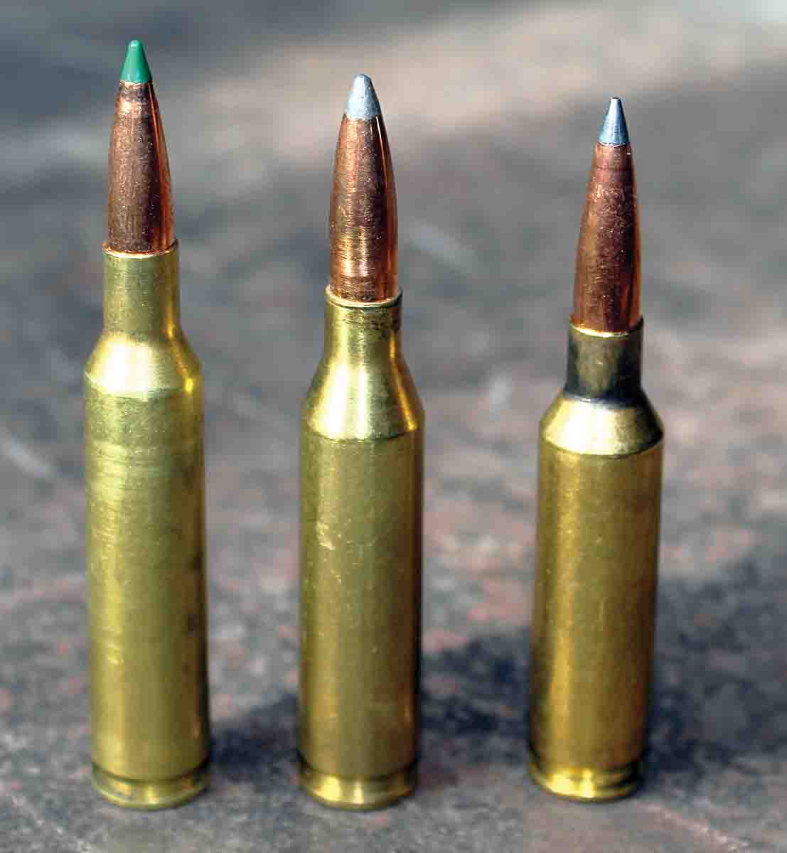 The 6mm Remington (left) is shown with the .243 Winchester (center) and the 6mm Creedmoor (right). The superior 6mm Remington lost the popularity contest to the .243 Winchester, with the 6mm Creedmoor positioned to overtake the .243.